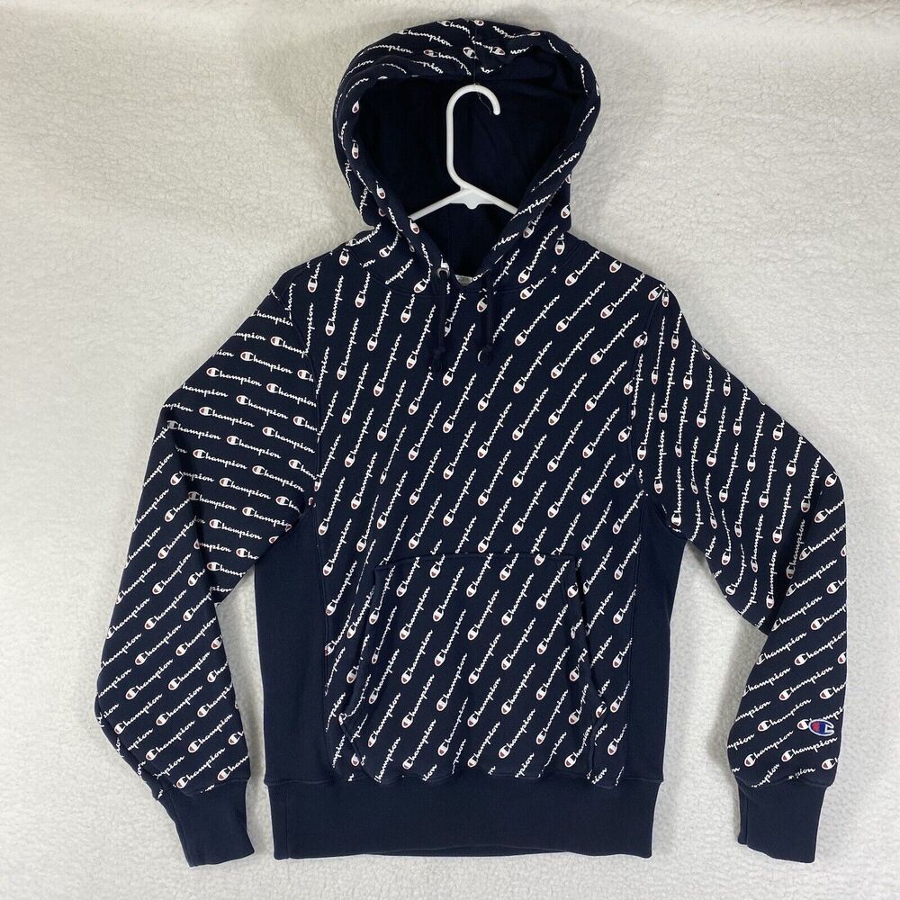 Champion Hoodie Mens Sz Small Blue Sweatshirt Reverse Weave AOP Script Logo